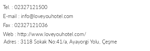 Loveyou Hotel telefon numaralar, faks, e-mail, posta adresi ve iletiim bilgileri